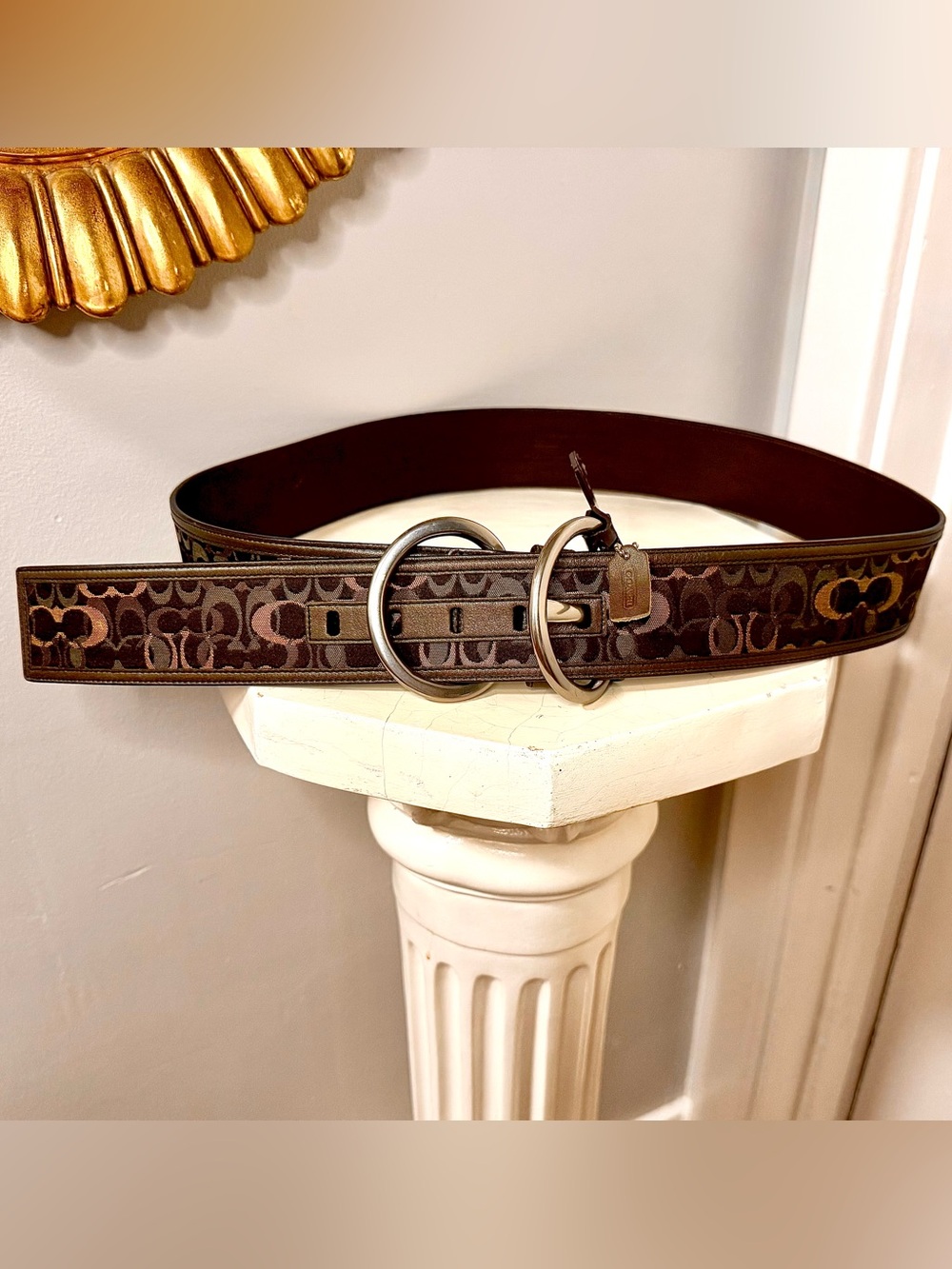 Coach Genuine Leather Belt with Iconic Green/Brown/Tan Fabric. NWT, Sz. XL